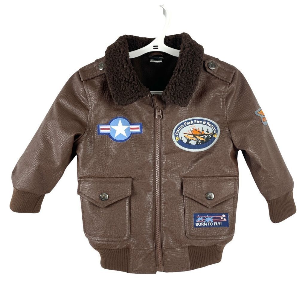DISNEY Planes Brown Faux Leather Bomber Jacket Size 2T